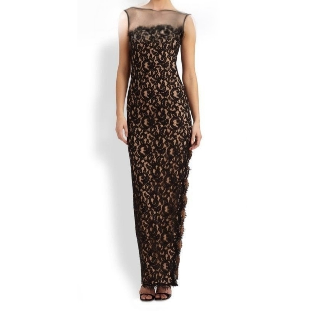 Tadashi Shoji Black Lace Evening Gown Side Slit Size 14 Formal Black Tie